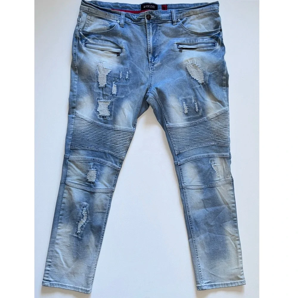 MAKOBI Prado Biker Jeans Light Wash Distressed Moto Rip & Repair Slim Fit 42x32
